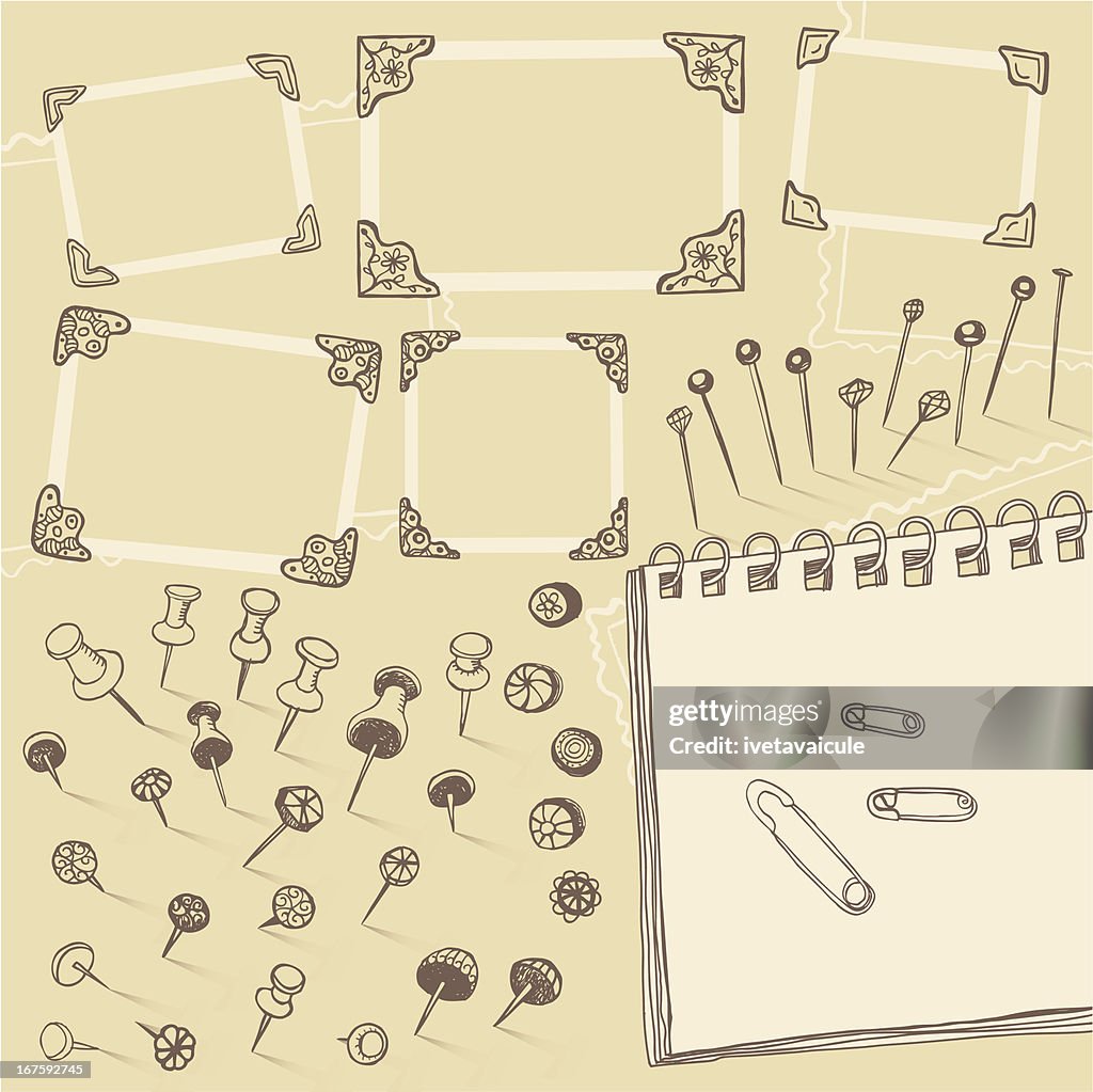 Vector illustration of hand drawn pins and photo corners