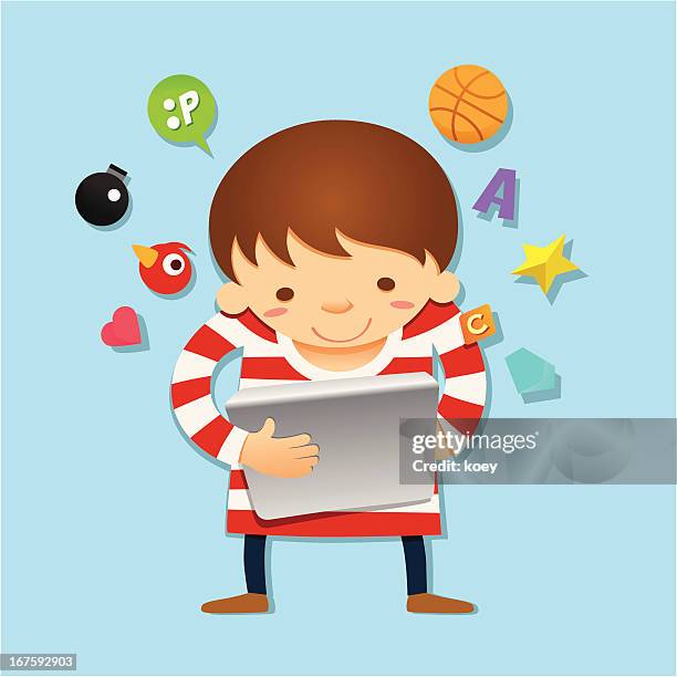 kid using tablet computer - person using tablet smiling stock illustrations