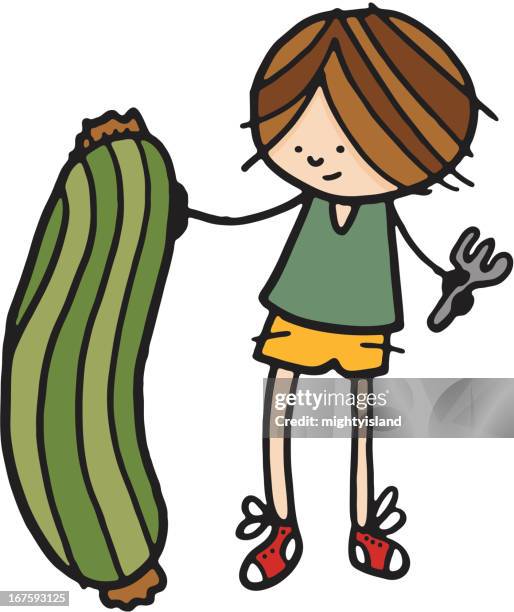 boy stood next to large zucchini - courgette stock illustrations