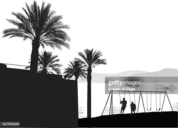 beach swings vector silhouette - palm tree shadow stock illustrations