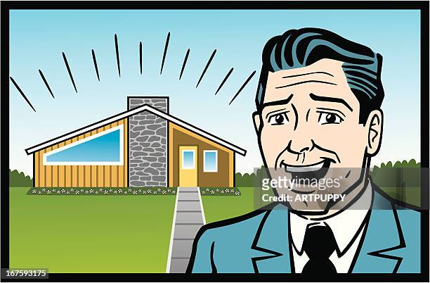 retro business mann mit house - cartoon house stock-grafiken, -clipart, -cartoons und -symbole