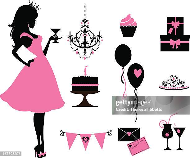 party-princess - happy birthday princess card stock-grafiken, -clipart, -cartoons und -symbole