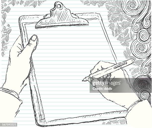 sketched hand with clipboard - signing document vector stock illustrations