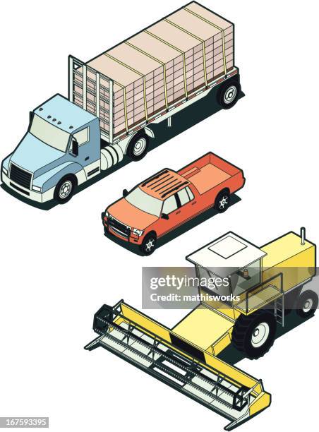 stock isometric farm vehicles - farm truck stock illustrations
