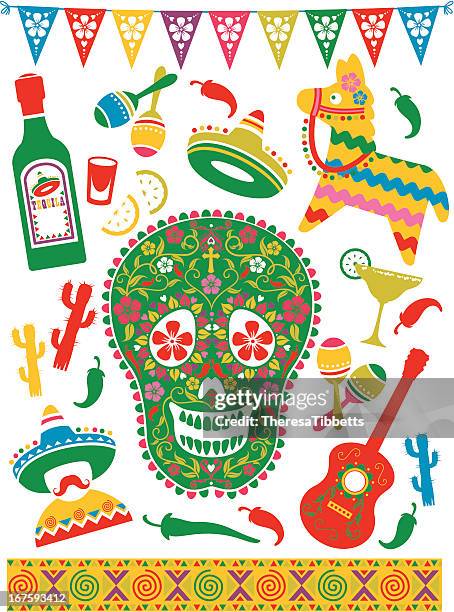 ilustraciones, imágenes clip art, dibujos animados e iconos de stock de iconos de fiesta mexicana - papier