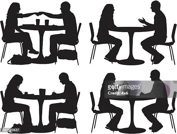silhouette of couples in a restaurant - couple having coffee stock illustrations