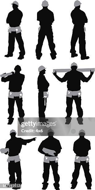 mehrere bilder von einem schreiner - builder standing isolated stock-grafiken, -clipart, -cartoons und -symbole