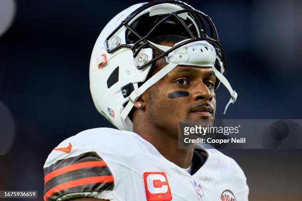 Deshaun Watson of the Cleveland Browns warms up before kickoff against the Pittsburgh Steelers at Acrisure Stadium on September 18, 2023 in...