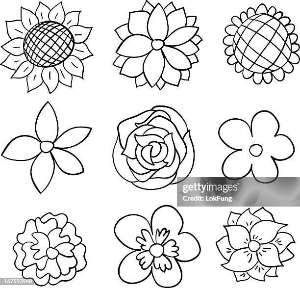 stockillustraties, clipart, cartoons en iconen met nine black and white cartoon flowers - zonnebloemen