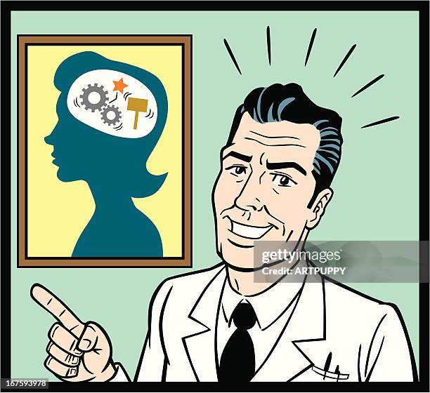 retro fifties doctor with headache image - doctor cartoon stock illustrations