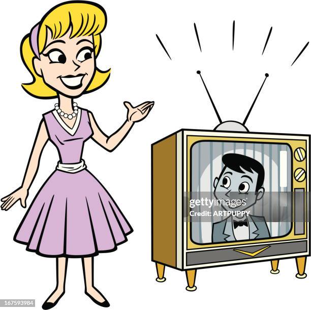 retro fifties woman with tv set - cartoon tv stock illustrations