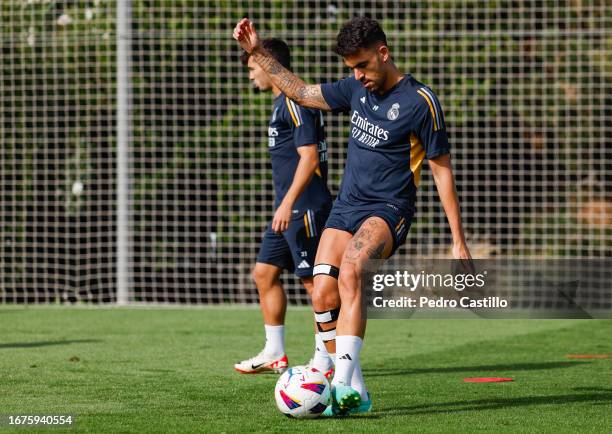 Dani Ceballos player of Real Madrid is training at Valdebebas training ground on September 12, 2023 in Madrid, Spain.