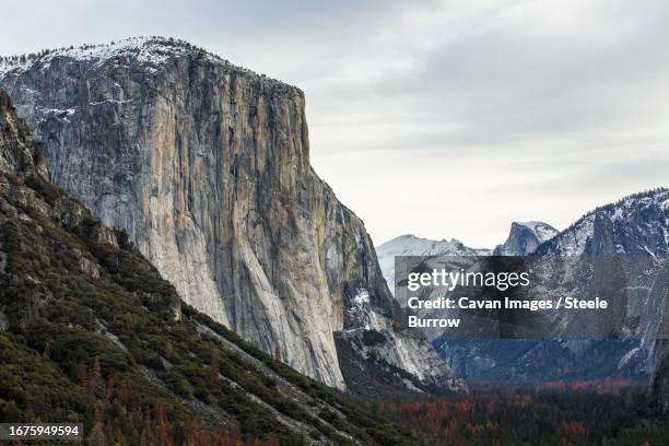 el capitan and half dome in winter in yosemite national park - steele stock pictures, royalty-free photos & images