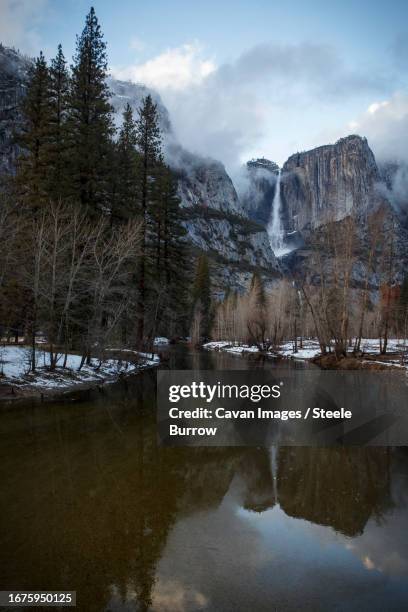 yosemite falls reflects in the merced river in yosemite national park - steele stock pictures, royalty-free photos & images