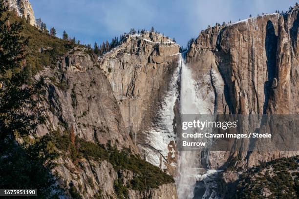 frozen spray on upper yosemite falls in yosemite national park - steele stock pictures, royalty-free photos & images