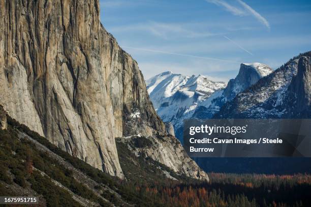 el capitan and half dome in winter in yosemite national park - steele stock pictures, royalty-free photos & images