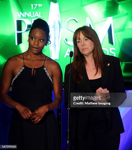 Actors Sufe Bradshaw and Mackenzie Phillips attend the 17th Annual PRISM Awards at the Beverly Hills Hotel on April 25, 2013 in Beverly Hills,...
