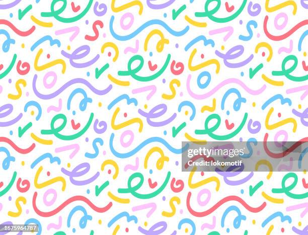 trendy colorful line doodle seamless pattern - simple wavy line pattern stock illustrations
