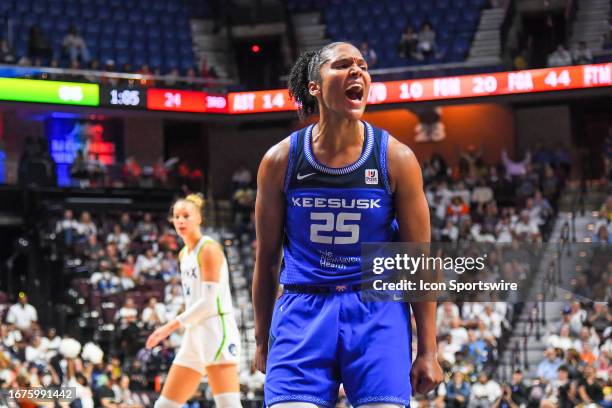 Connecticut Sun forward Alyssa Thomas reacts after making a layup during Game 2 of the First Round of the WNBA Playoffs between the Minnesota Lynx...