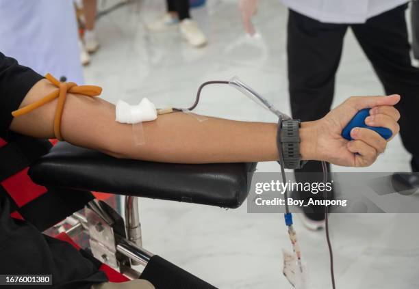 cropped shot view of someone hand squeezing a squish ball while donating blood. - blood donation bildbanksfoton och bilder