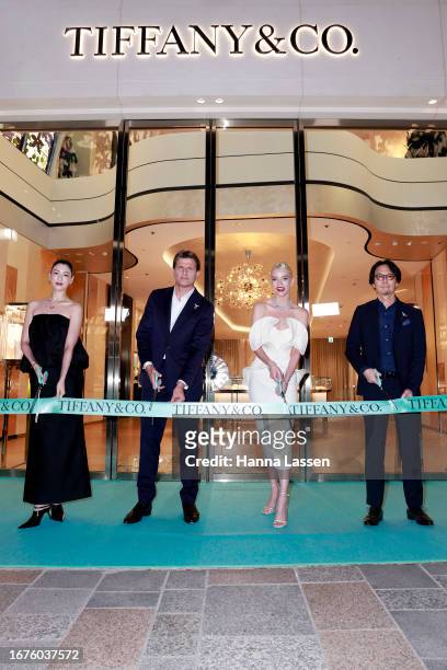 Ayaka Miyoshi, Anthony Ledru, CEO of Tiffany & Co., Anya Taylor-Joy and Shintaro Kitsuda, President Tiffany & Co. Japan Inc cut the ribbon to...