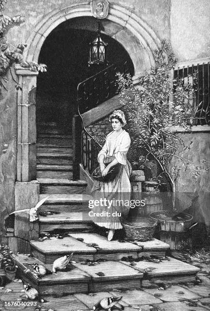 young woman feeding pigeons at the staircase to the villa - 1891 stock illustrations