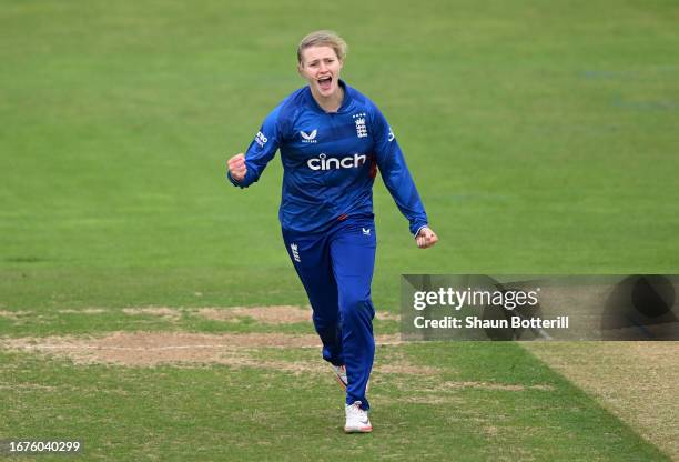 Charlie Dean of England Women celebrates taking the wicket of Chamari Athapaththu of Sri Lanka Women during the 2nd Metro Bank ODI between England...