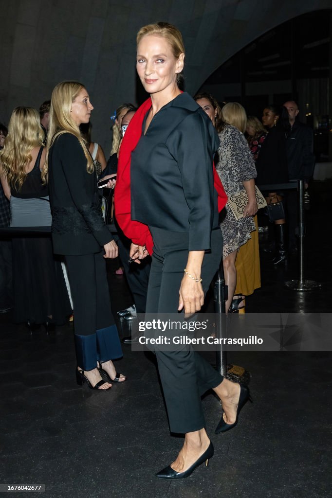 Actress Uma Thurman is seen arriving to the Tory Burch Spring/Summer
