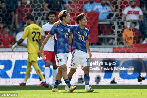 Keito Nakamura of Japan celebrates his teams second goal during the international friendly between Japan and Turkey at Cegeka Arena on September 12,...