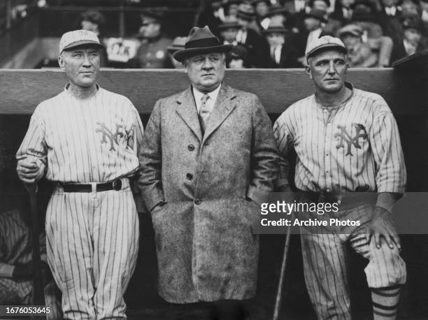 Hughie Jennings , Coach, John McGraw , Manager and Cozy Dolan , Scout and coach for the New York Giants during the Major League Baseball National...