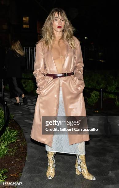 Suki Waterhouse is seen leaving the Tory Burch Spring/Summer 2024 Runway Show during New York Fashion Week at Domino Park on September 11, 2023 in...