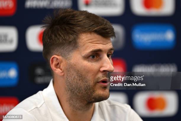 Richard Wigglesworth, Attack Coach of England speaks to the media following a training session at Stade Ferdinand Petit on September 12, 2023 in Le...