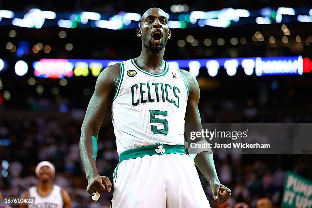 Kevin Garnett of the Boston Celtics reacts prior to Game Three of the Eastern Conference Quarterfinals of the 2013 NBA Playoffs against the New York...