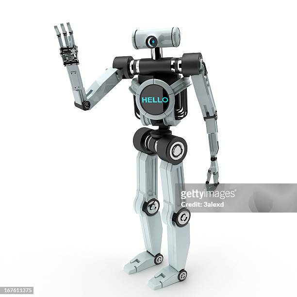 a robot waving his hand with the word hello on his body - robot stock pictures, royalty-free photos & images