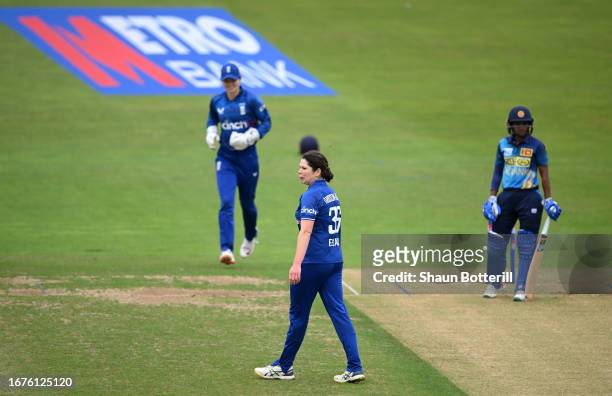 Alice Davidson-Richards of England Women after taking the wicket of Anushka Sanjeewani of Sri Lanka Women during the 2nd Metro Bank ODI between...