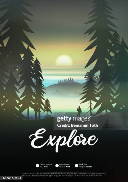 coast with forest and hiker sunset landscape - climbing tree stock illustrations