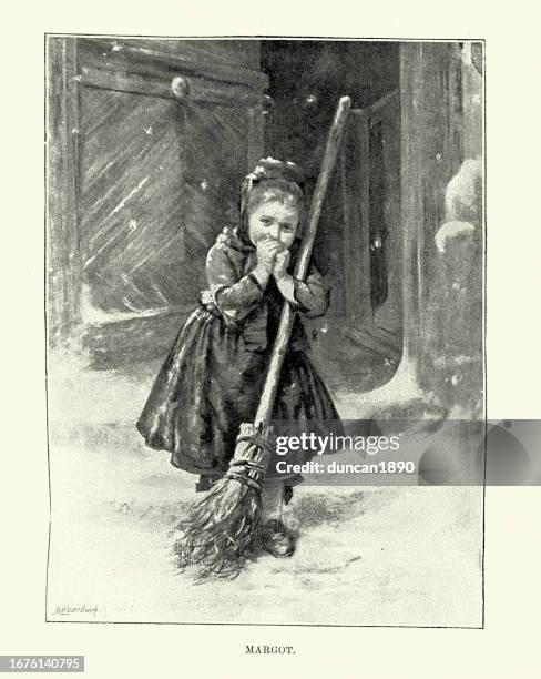 vintage illustration little girl sweeping snow from doorway with a broom, victorian art 1890s, 19th century - clearing snow stock illustrations