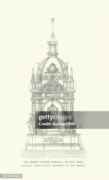 illustrazioni stock, clip art, cartoni animati e icone di tendenza di illustrazione vintage memoriale del giubileo della regina vittoria a hong kong, anni 1890 - statua di belle arti