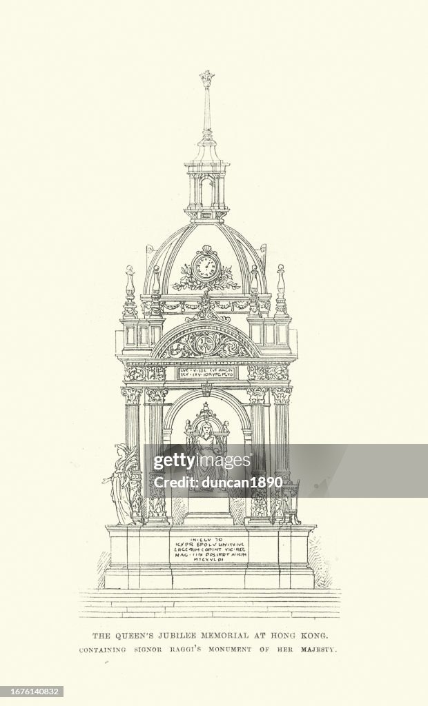 Vintage illustration Queen Victoria's Jubilee Memorial at Hong Kong, 1890s