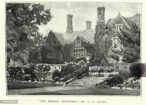 vintage illustration the terrace at mynthurst , england, victorian art 1890s, after g s elgood - victorian mansion stock illustrations