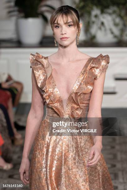 Model walks the runway during the Dennis Basso Ready to Wear Spring/Summer 2024 fashion show as part of the New York Fashion Week on September 11,...