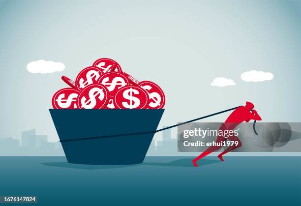 stockillustraties, clipart, cartoons en iconen met the man was pulling a big basket of coins - beladen