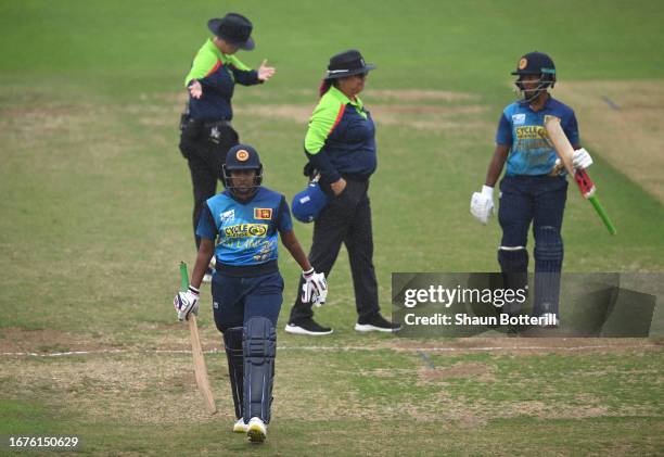 Achini Kulasuriya of Sri Lanka Women heads back to the pavilion after being run out during the 2nd Metro Bank ODI between England Women and Sri Lanka...