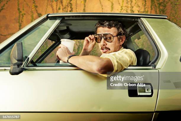cop in a car - humor stockfoto's en -beelden