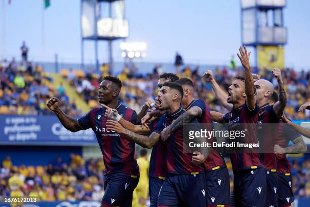Roger Brugue of UD Levante celebrates after scoring his team's second goal with team mates during the LaLiga Hypermotion match between AD Alcorcon...