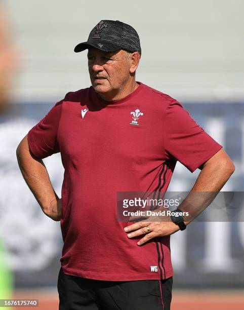 Warren Gatland, the Wales head coach looks on during the Wales training session at the Rugby World Cup France 2023 held at the Stade Charles Ehrmann...