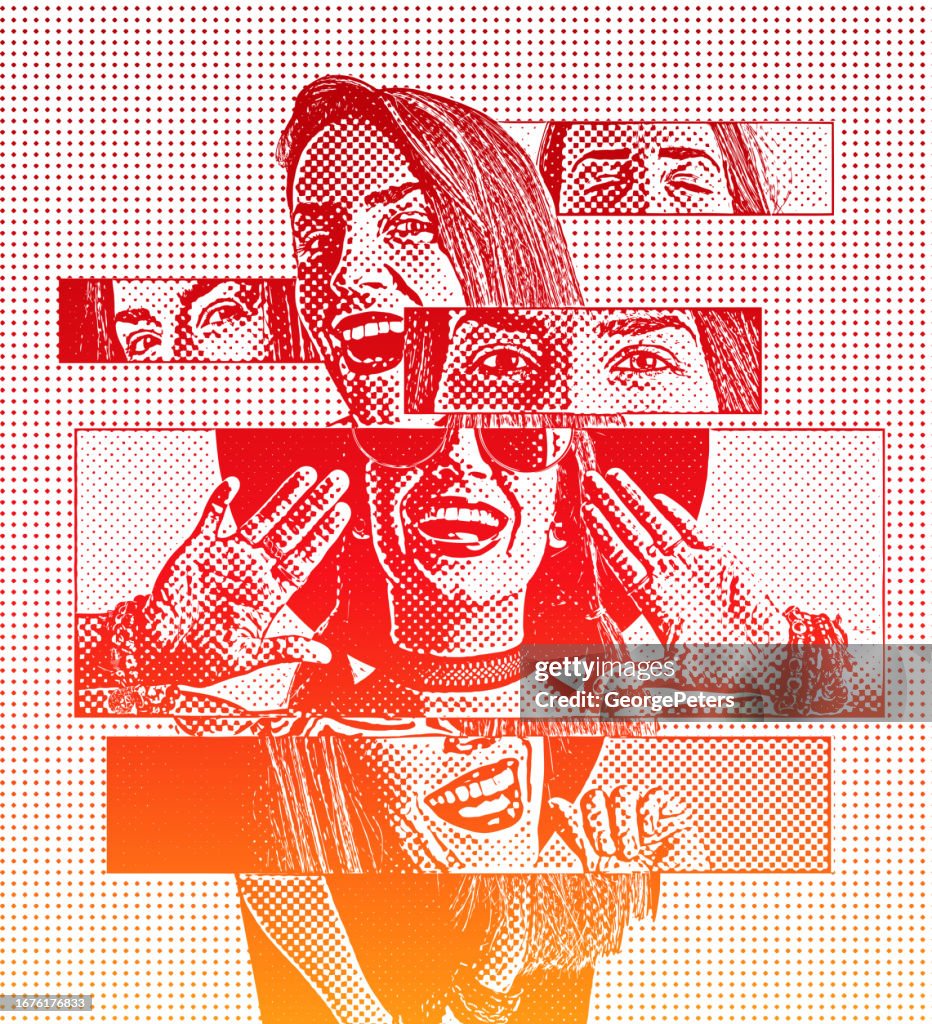 Imagen compuesta de rostros femeninos con expresiones faciales juguetonas
