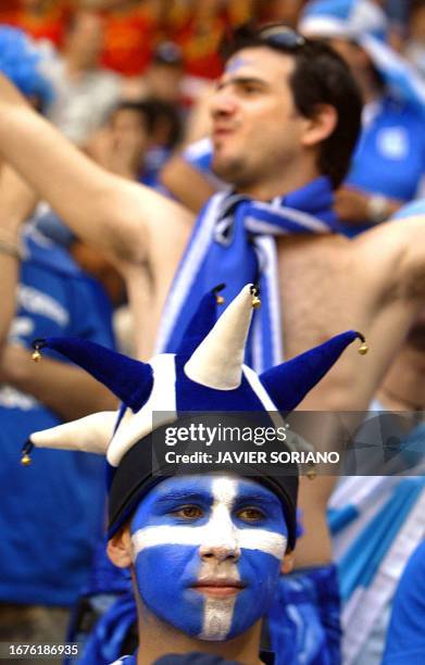 Greece's supporters cheer their team, 16 June 2004 at Bessa stadium in Porto, before the Euro 2004 Group A football match between Greece and Spain at...