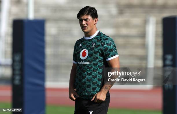 Louis Rees-Zammit looks on during the Wales training session at the Rugby World Cup France 2023 held at the Stade Charles Ehrmann on September 12,...