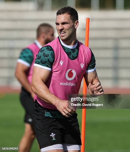 George North looks on during the Wales training session at the Rugby World Cup France 2023 held at the Stade Charles Ehrmann on September 12, 2023 in...